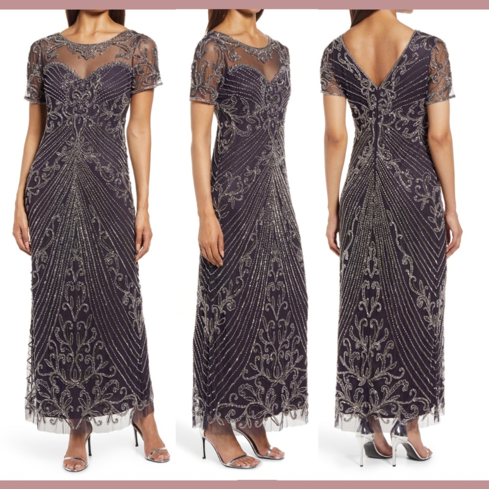 NEW Pisarro Nights‎ [ 2 ] Illusion Beaded Mesh Column Gown Eggplant